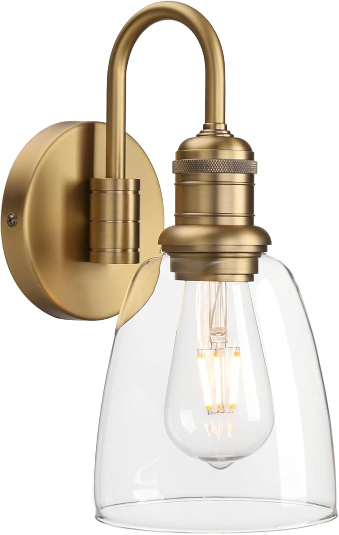 1-Light Vintage Gooseneck Wall Sconce Lamp with Cloche Clear Glass Shade, Industrial Indoor Wall Light Fixture for Bathroom Living Room Bedroom Over Kitchen Sink