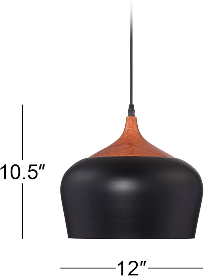 Possini Euro Design Felton Black Mini Pendant Lighting Fixture 12" Wide Farmhouse Rustic Wood Detail for Dining Room Living House Home Foyer Kitchen Island Entryway Bedroom High Ceilings