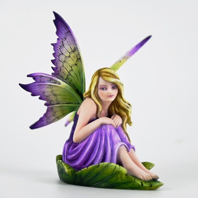 Fantasy Purple-Green Gradient Wings Fairy Figurine, Leaf Base Elf Statue, Hand-Painted Resin Decor for Mini Fairy Garden, Desk & Succulent Display