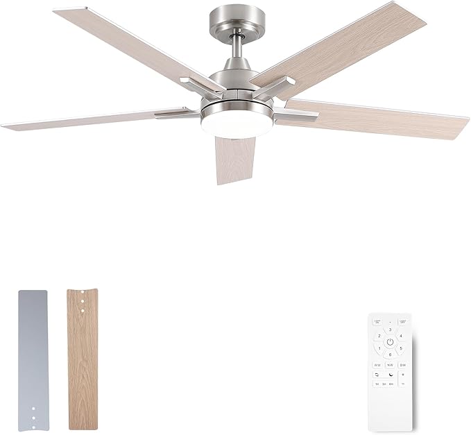 Ceiling Fans with Lights, 52 inch Nickel Ceiling Fan with Light and Remote Control, Reversible, 3CCT, Dimmable, Noiseless, Small Ceiling Fan for Bedroom, Indoor/Outdoor Use