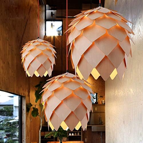Modern Creative Art Oak Wooden Pinecone DIY Puzzle Pendant Lights Chandelier Hanging Wood Lamps Dinning Room Restaurant Retro Fixtures Luminaire Diameter 25cm (9.84 Inch)
