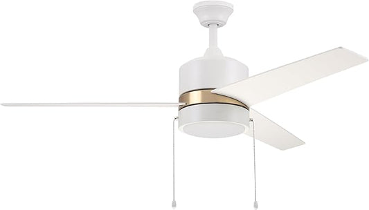 SMAAIR 52 Inch Ceiling Fans with Lights, LED Ceiling Fan with Pull Chain Control, Indoor Ceiling Fan with 3 Blades for Bedroom, Quiet AC Motors, Reversible, White/Gold