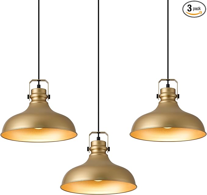 Gold Farmhouse Pendant Lights Matte Pendant Lighting for Kitchen Island Industrial Adjustable Height Vintage Dome Hanging Light Fixtures for Barn, Dining Room 3 Packs
