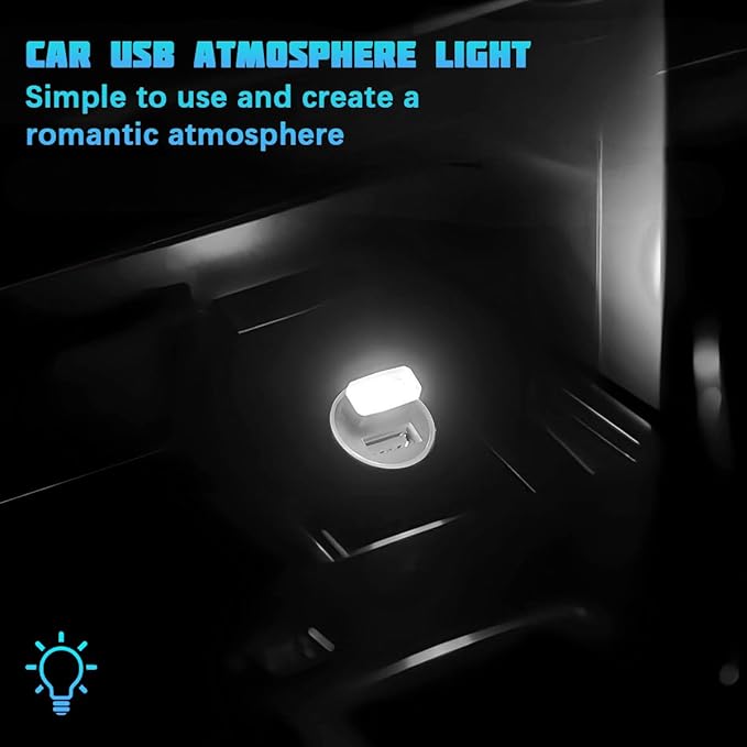 4PCS/Set USB LED Car Interior Atmosphere Lamp, Portable Mini Vehicle LED Night Light, Plug-in USB Interface Automotive Interior Ambient Lighting Kit Accessories, Universal Fit (White)