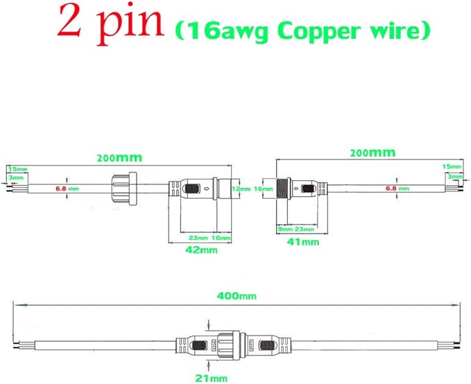 Waterproof Connector 2 Wire,16AWG 2Pin Male Female Plug LED Connector with IP65,20CM Extension Cable for Car,LED Strip Lights (5Pairs)