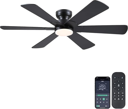 BayDay 52 inch Ceiling Fans with Lights, Black Ceiling Fan with Remote APP, Dual-Sided Modern/Rustic 6 Blades, Reversible, 3CCT, Flush Mount Low Profile Ceiling Fan with Lights Bedroom Kitchen Indoor