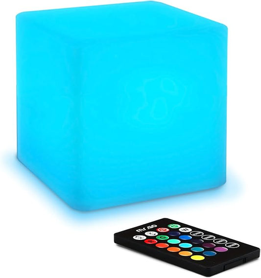 Mr.Go 4-inch Dimmable LED Night Light Mood Lamp for Kids and Adults - 16 RGB Colors - 8 Level Dimming - 4 Lighting Effect - Rechargeable - Remote Control - Decorative, Fun & Safe - White Finish Cube