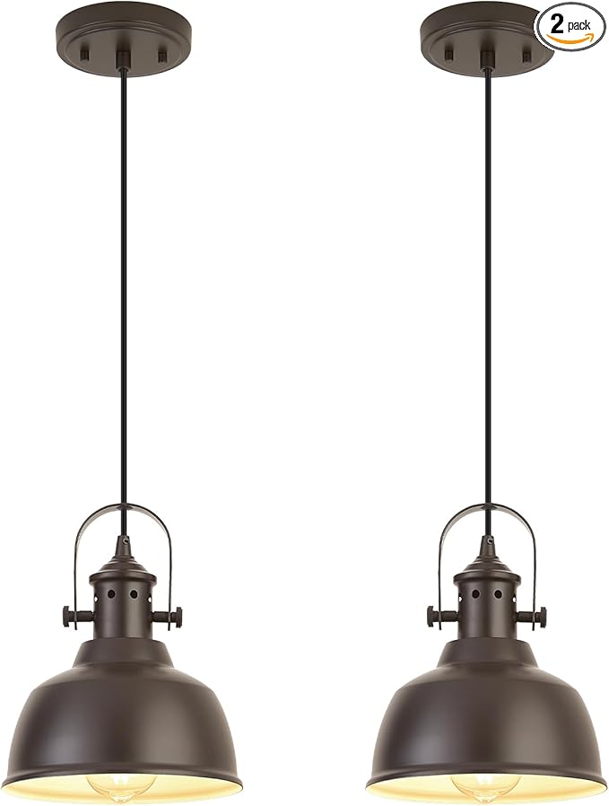 Farmhouse Small Pendant Lights, Oil Rubbed Bronze Pendant Lighting for Kitchen Island, lndustrial Adjustable Height Hanging Light for Barn, Dining Room, 2 Pack