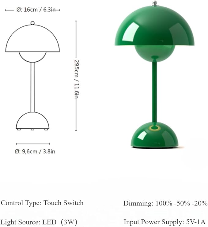 Modern Flower Bud Lamp 12" Cordless Touch Lamp Dimmable 2600mAh Rechargeable Desk Lamp Nordic Minimalist Mushroom Lamp Nightstand Bedside Lamp for Bedroom Living Room(Signal Green) No Reading Light ﻿