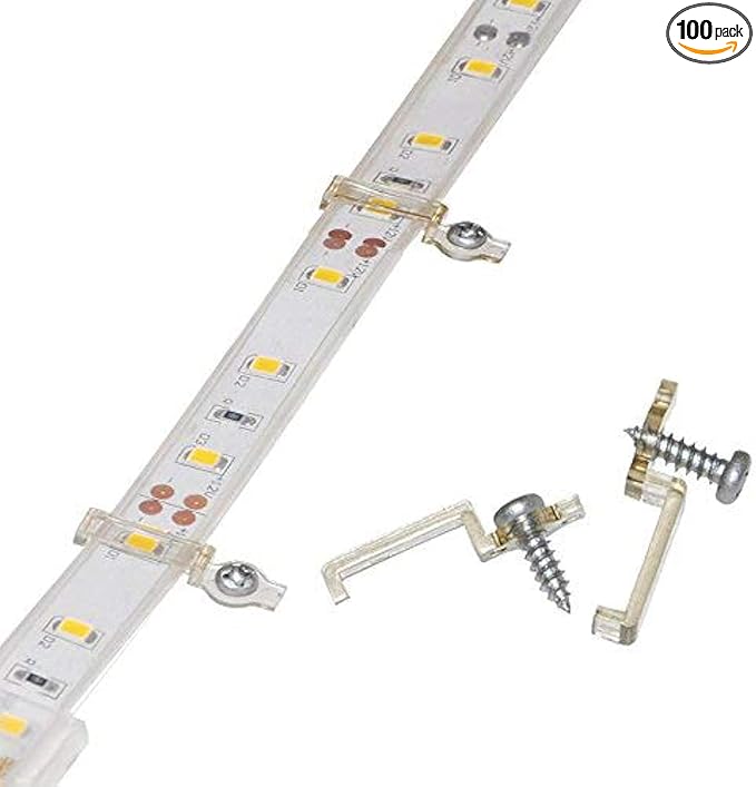 100 Pack Strip Light Mounting Brackets,Fixing Clips,One-Side Fixing,100 Screws Included (Ideal for 12mm Wide IP68 Silicone Cover Strips)