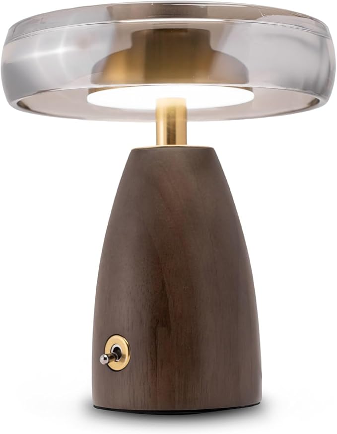 Aesthetic Table Lamp for Living Room, Bedroom, Bedside, Nightstand Lamp with Wood Base, Stained Glass Shade, 3 Color Temperature, Vintage Retro Mushroom Mid Century Modern Lamp, Desk Decor