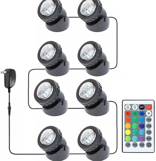 Colored Fountain Lights with Timer, Pond Lights Underwater 12V LED Dimmable Outdoor Spotlights IP68 Waterproof for Lawn Pond Fountain Waterfall Garden Landscape, (Set of 8)