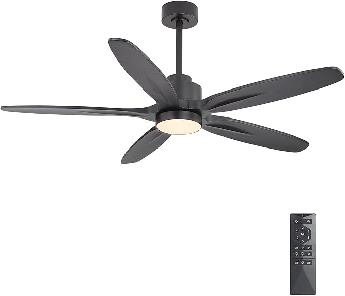 WINGBO 54" Ceiling Fan with Light - 5 Carved Solid Wood Blades, 6-Speed Reversible DC Motor, Dimmable, 3CCT, Noiseless Remote Control Ceiling Fans with Lights for Bedroom Living Room, Matte Black