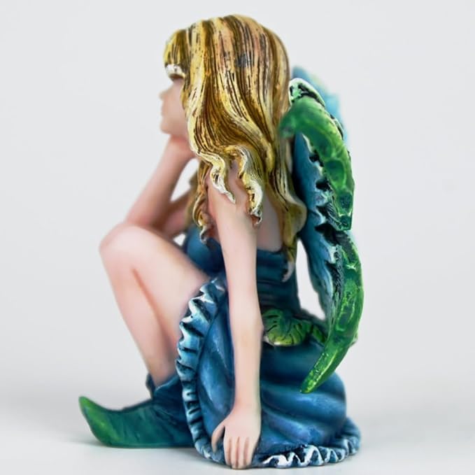 Fantasy Thoughtful Fairy Figurine, 3.15 Inch Blue-Green Gradient Elf Statue, Hand-Painted Resin Decor with Purple Hair Flower & Textured Wings for Desk, Fairy Garden, Plant Pot