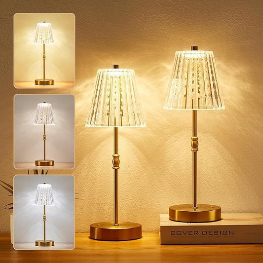 Cordless Table Lamp, 5000mAh Rechargeable Battery Operated Portable Lamp, Dimmable+3 Colors LED Touch Control, Vintage Crystal Lamp for Bedroom, Kitchen, Bar, Office