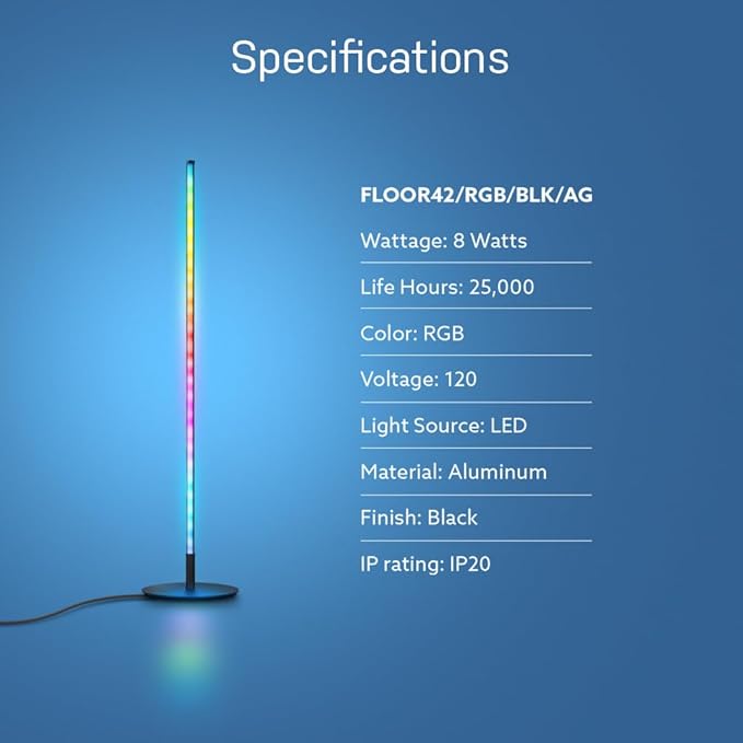 Feit Electric 42" Smart Floor Lamp Color Changing, RGBW, WiFi LED Corner Standing Lamp, Music Sync, Works with Alexa and Google Assistant, Modern Black Aluminum Finish, 8 Watts, FLOOR42/RGB/BLK/AG