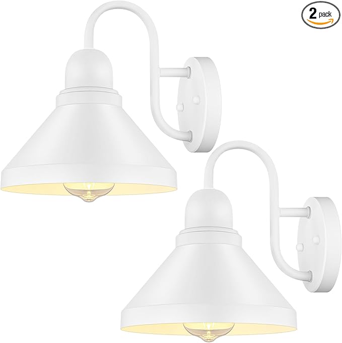 Brightever Gooseneck Outdoor Wall Lanterns, Pack of 2 Exterior Light Fixtures, Anti-Rust Outside Barn Wall Mount Sconces, Waterproof White Patio Wall Lamps for House, Front Door, Bulb Excluded