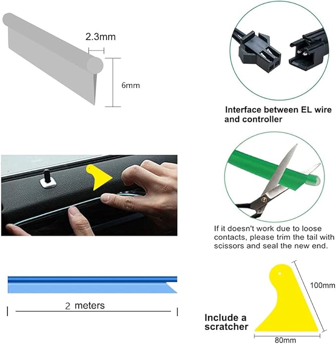 El Wire Ice Blue Interior Car LED Strip Lights, 2M Neon Wire USB 5V with Fuse Protection for Automotive Interior Decoration, with 6mm Sewing Edge