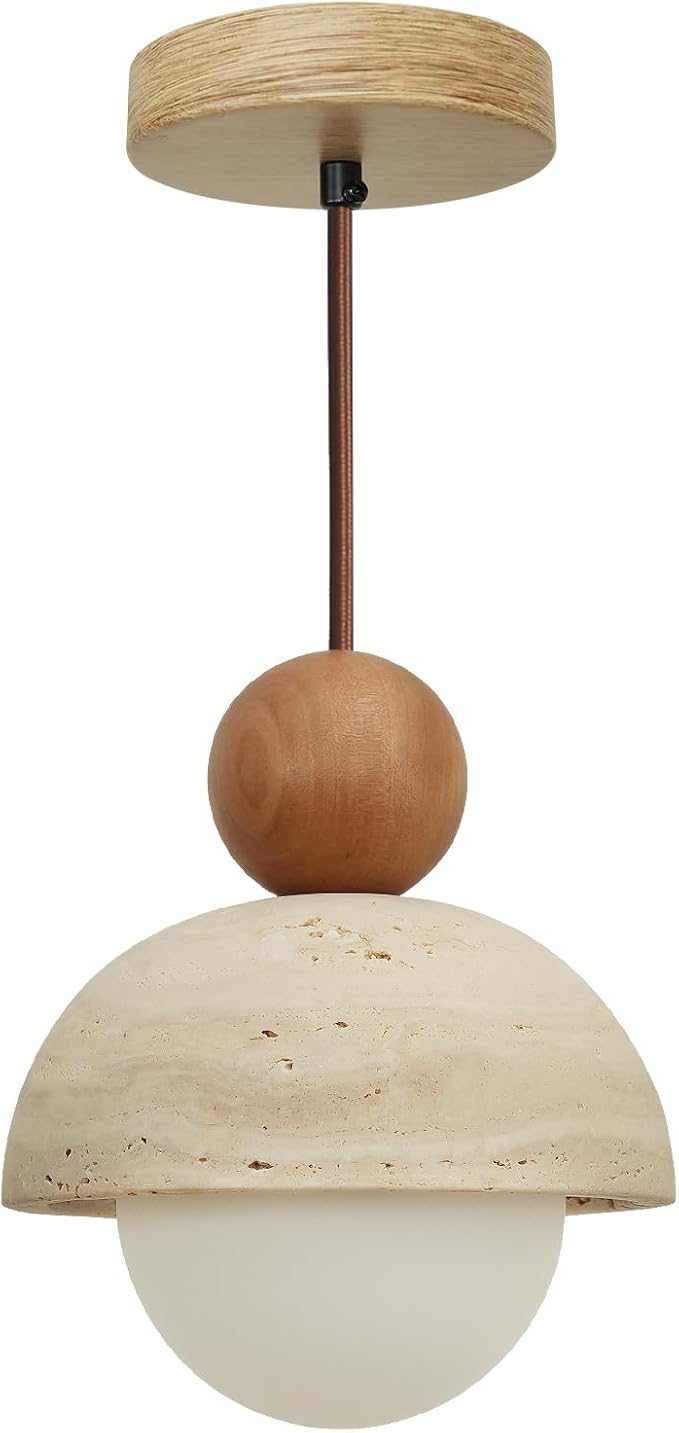 Japanese Lamp Wabi-Sabi Decor Natural Travertine Stone Pendant Light with Glass and Solid Wood Mini Pendant Lights, Using G9 Bulbs, Suitable for Kitchen Island, Dining Room, (Wood Color)