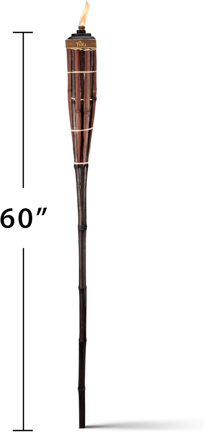 TIKI 60-Inch Bamboo Torches (4-Pack) – Natural Outdoor Torches with Easy Pour Canisters, Long-Lasting Fiberglass Wicks & Snuffers – Patio, Garden, Lawn & Backyard Decor – Walnut/Pecan Finish