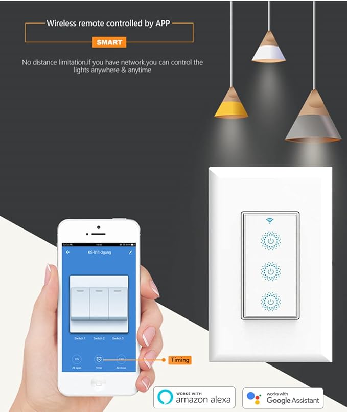 Nexete Smart Triple Light Switch, Remote Voice Control, Compatible with Alexa & Google Assistant, Neutral Wire Required (1-Pack)