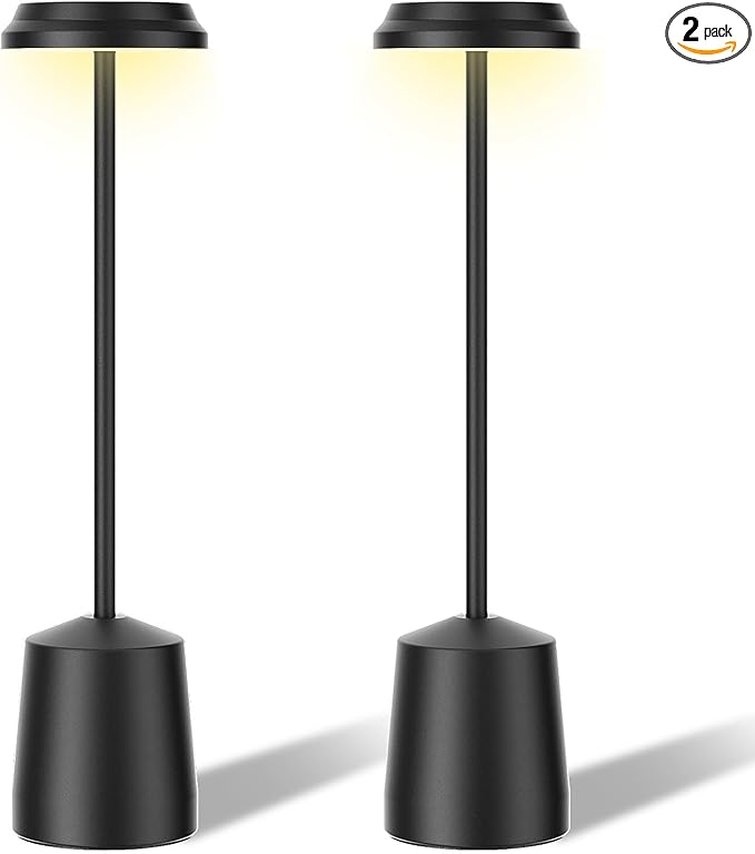Aluminum LED Cordless Table Lamps Set of 2, Portable Rechargeable 5000mAh Battery Operated Black Table Light, 3 Color Stepless Dimming Touch Control, Desk Lamp for Dinner/Restaurant/Bars/Coffee Shop