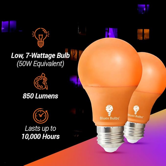 Bluex Bulbs 2 Pack Bluex LED A19 Orange Light Bulb - 9W (50Watt Equivalent) - E26 Base LED Orange Bulb, Party Decoration, Porch, Home Lighting, Holiday Lighting, Decorative Illumination