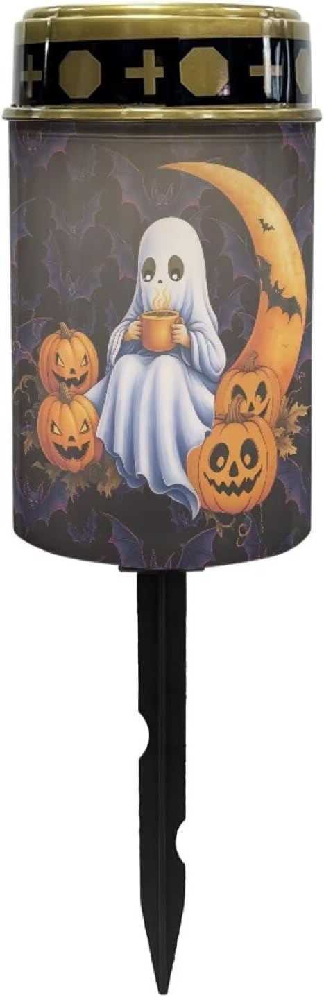 Halloween Prayer Cemetery Solar Lights for Grave Cemetery Cute Ghost Moon Candle Lamp Solar Powered Landscape Lights Halloween Decorations