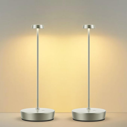 2Pack Cordless LED Table Lamp，Rechargeable Battery Desk Lamps, 3 Color Stepless Dimmable Metal Battery Table Lamps, Portable Table Light for Indoor/Outdoor/Restaurants/Bedroom/Bar