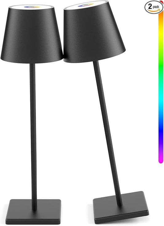 2 Pack LED Cordless Table Lamp with RGB & Stepless Dimming Rechargeable Battery Desk lamp 3W 5000mAh Battery Operated with Modern Portable Table Light for Indoor/Outdoor IP54 Waterproof (Black)