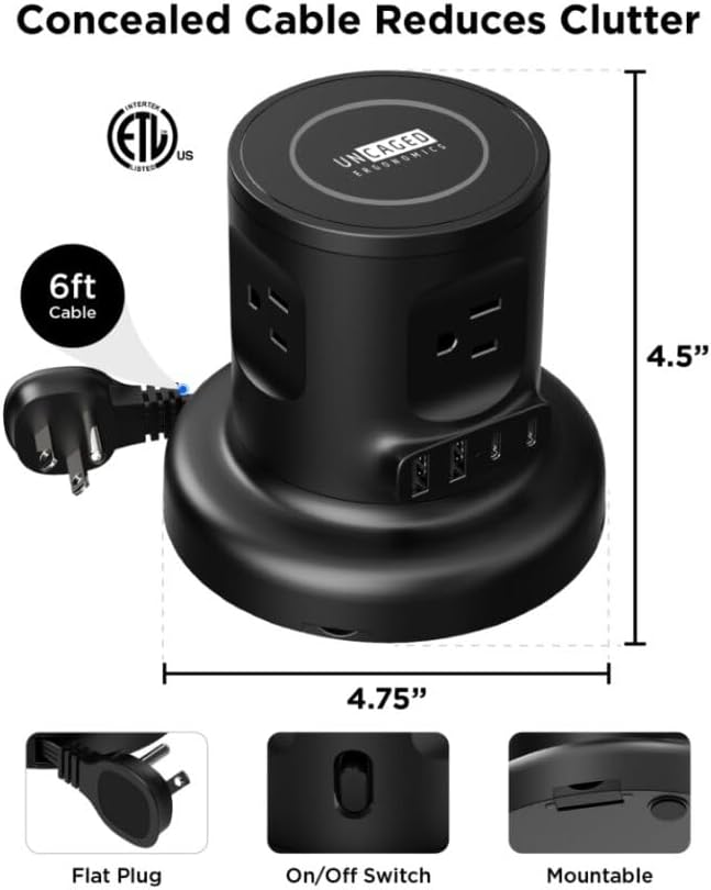 Uncaged Ergonomics Retractable Power Strip with USB Ports, Surge Protector with USB C Ports Fast Charging, Auto Retracting Cord Compact Desktop Charging Station for Home, Office, Nightstand, Black