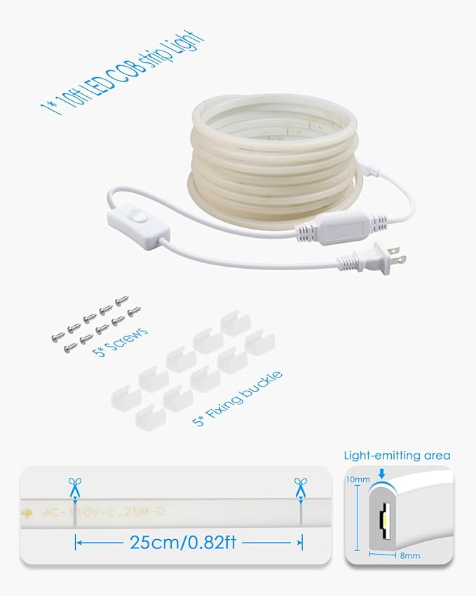 10FT Outdoor COB LED Strip Lights Waterproof with Switch Plug in AC 110V-120V LED Rope Light Warm White IP65 3M 3000K Super Bright High Density LED Tape Light Indoor for Garden Decor