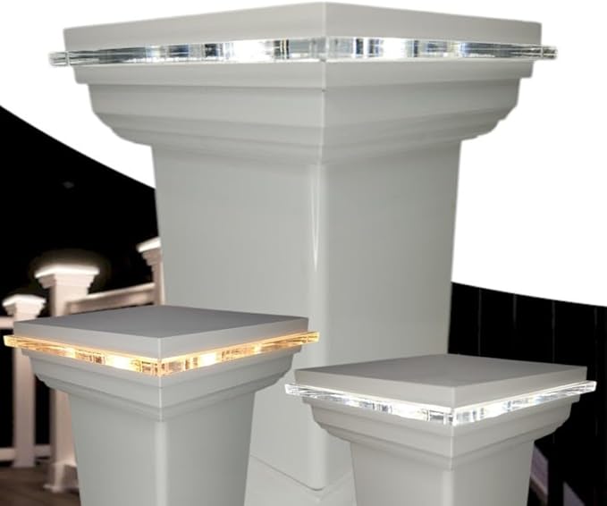 DekLights® Pro Line LED Lighted Post Cap for 4x4 Deck/Fence Posts. Wired 12volt Low Voltage with Replaceable Light Bulb. for Vinyl or Composite railings. Made in USA (White Glass Edge Upgrade 3000k)
