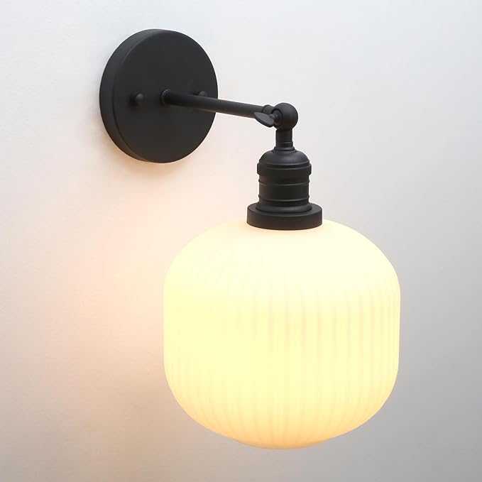 Pathson Modern Wall Sconce Lamp Milk White Round Glass, Hardwired Frosted Vintage Wall Vanity Light Fixture for Farmhouse Living Room Bedroom Bathroom Loft