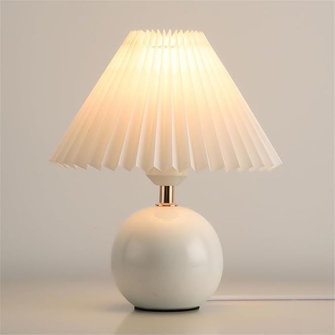 ikaufen Pleated Fabric Shade Table Lamp, Round Ceramic Base Lamp with Floral/Plain Design for Bedroom, Living Room & Desk (Off-White)