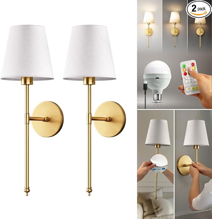 Set of 2 Wireless Wall Sconces – Stick-On or Screw Mount - Rechargeable LED Bulbs, Remote Controlled, Adjustable Brightness & Warmth, Easy Installation, Living Room Wall Decor (Gold)