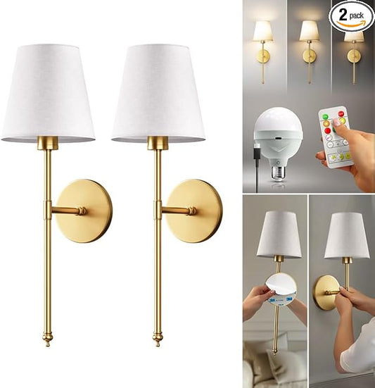 Set of 2 Wireless Wall Sconces – Stick-On or Screw Mount - Rechargeable LED Bulbs, Remote Controlled, Adjustable Brightness & Warmth, Easy Installation, Living Room Wall Decor (Gold)