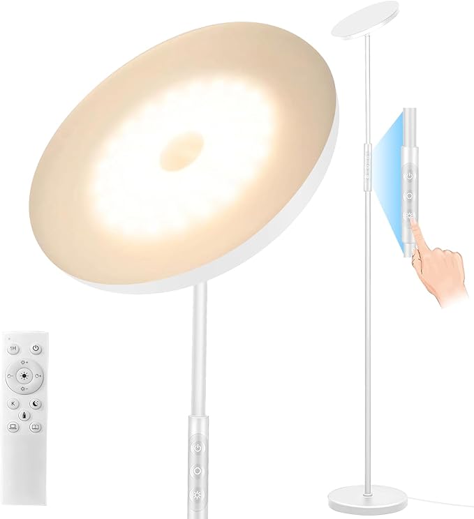 Floor Lamp, Upgraded 40W 4000LM Super Bright Torchiere LED Floor Lamps for Living Room, Stepless Dimmable Color Temperature 2700K-6500K with Remote & Touch Control, Standing Light (40W White)