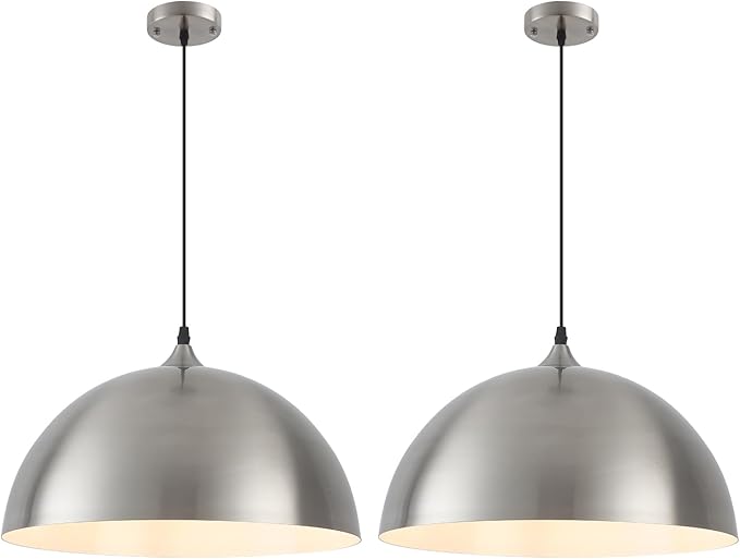 Brushed Nickel Pendant Lights Kitchen Island, 16 Inch Large Dome Pendant Light, Modern Farmhouse Pendant Light for Kitchen Island, Dining Room, Cafe, Bar, 2 Pack