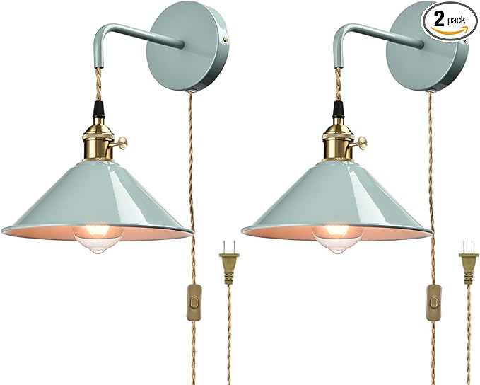 Sea Green Wall Sconce 2-Pack, Hanging Height-Adjustable Wall Lamp, Plug-in&Hardwire Optional Wall Light Fixture with On/Off Switch for Bedroom Coffee Bar