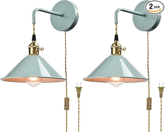 Sea Green Wall Sconce 2-Pack, Hanging Height-Adjustable Wall Lamp, Plug-in&Hardwire Optional Wall Light Fixture with On/Off Switch for Bedroom Coffee Bar
