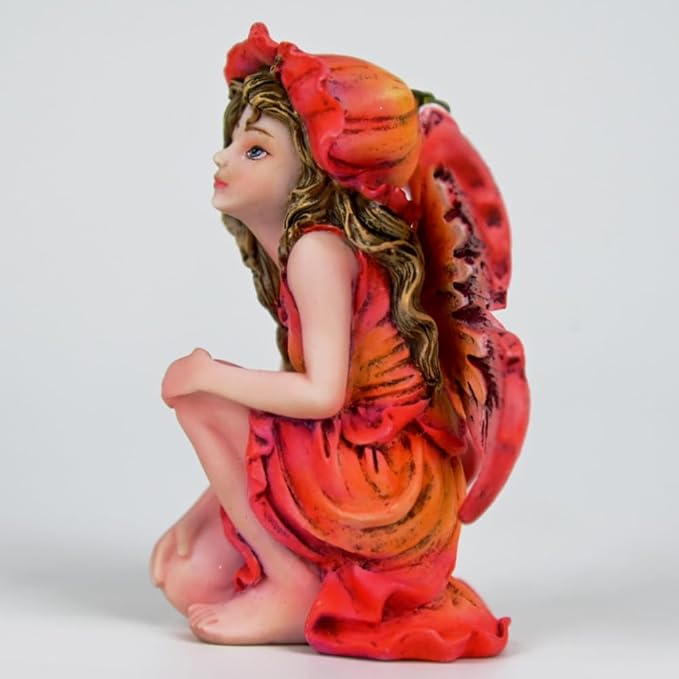 Fantasy Red Autumn Fairy Figurine, 3.15 Inch Flower Hat Elf Statue, Hand-Painted Gradient Resin Decor with Textured Wings for Fall Garden, Desk, Plant Pot