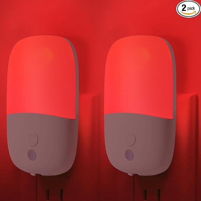 670nm Red Night Light with Retractable Plug [2 Pack] - Zero Blue Light, with Dusk to Dawn Sensor - Auto On/Off 0.3W LED Night Light Plug into Wall Pefect for Bedroom,Bathroom,Nursery,Hallway