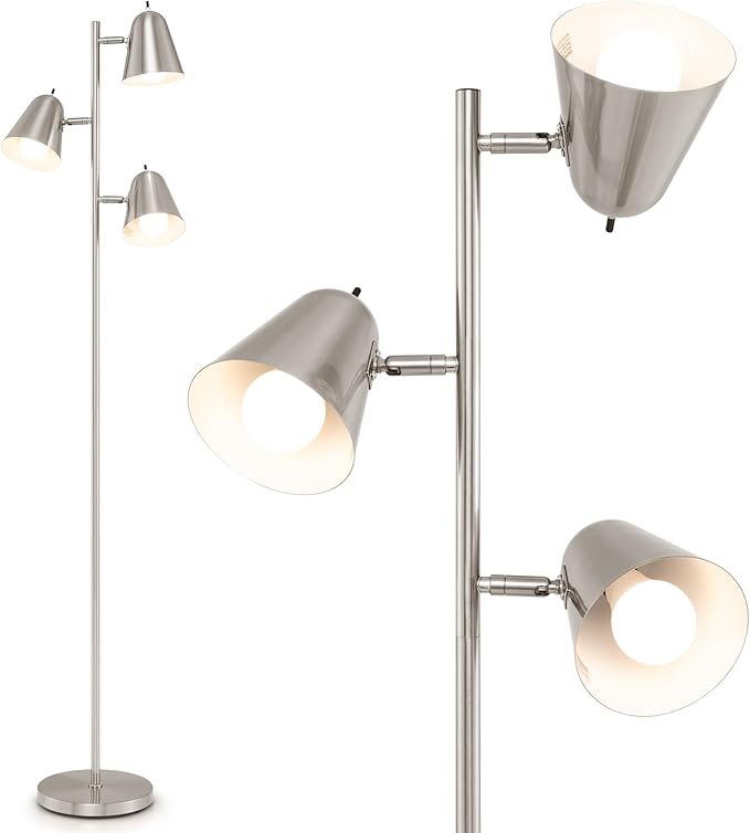 Tangkula 3-Light Floor Lamp, 64" Mid Century Modern 3 Light Tree, Standing Tall Pole Lamp with 3 A19 LED Bulbs and Adjustable Heads, 3 E26 Base, Reading Light for Living Room & Bedroom (Silver)