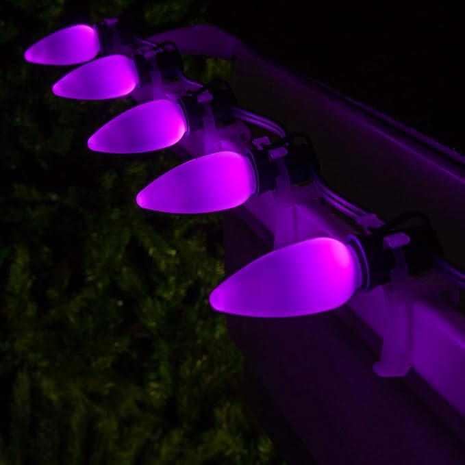Wintergreen Lighting OptiCore Commercial Outdoor C9 LED Halloween Lights – 25 Lights, 25 ft Purple Smooth/Opaque String, 18 Gauge, SPT1, Spare Fuse