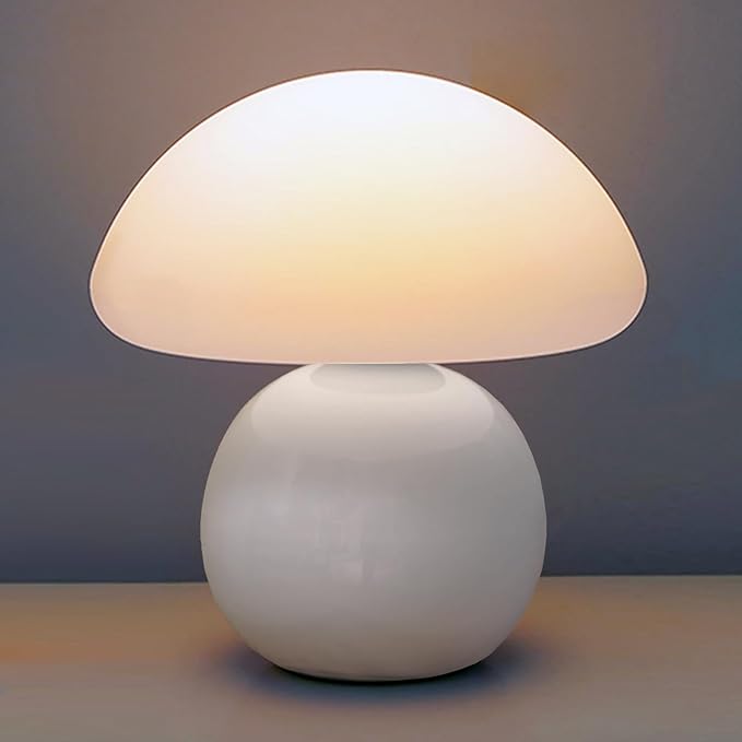 Cute Small Mushroom Lamp, PE Lampshade, Ceramic Base, Adjustable Light Color and Brightness with Power-Off Memory, Safe USB Powered, LED Mushroom Light for Bedroom Living Room (White)