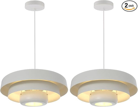 2-Pack Industrial Pendant Lights, 13.8 Inch Vintage White Metal Dome Hanging Lights for Kitchen Island, Mid Century Modern Ceiling Fixtures for Restaurant, Aisle