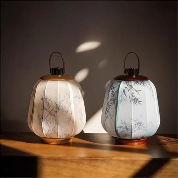 Simple Rechargeable Lantern Table Lamp with Touch Switch, Retro Chinese Small Night Light with Portable Handle, Elegant Decorative Fabric Nightstand Lamp for Bedroom Living Room(Red)