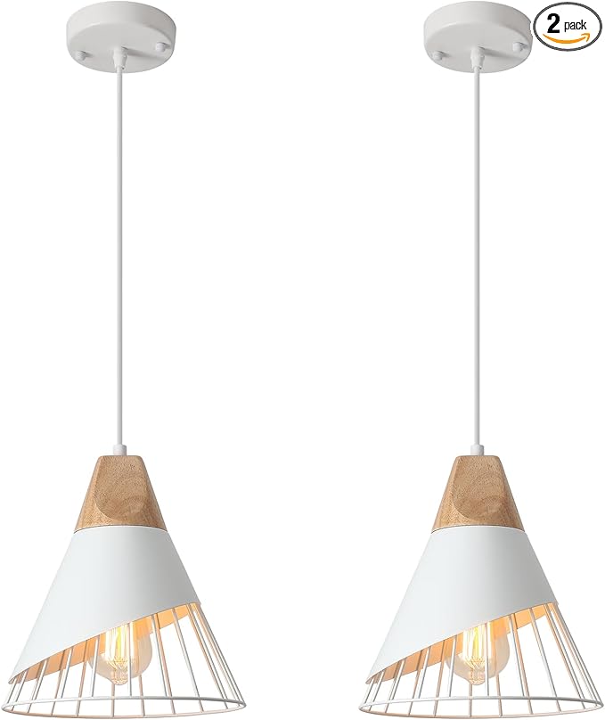 White Pendant Light, 2 Packs 9.4inch Farmhouse Pendant Light, Kitchen Pendant Lights, Pendant Lights Kitchen Island for Living Room, Bar, Bedroom, Office