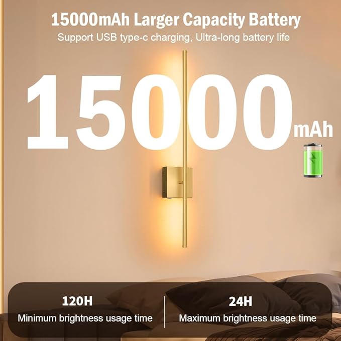 15000mAh Battery Operated Wall Sconce Set of 2, Brass USB Rechargeable Wall Sconces, Dimmable Gold Cordless Wall Sconces with Remote Control, LED Wireless Wall Light Lighting Time 24-120 Hours